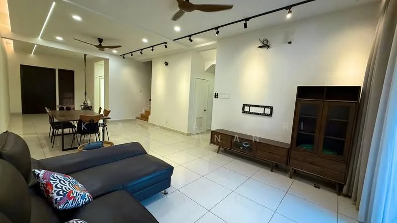Living features: grey leather sectional sofa, decorative throw pillows, wooden coffee table, dining table with six chairs, wall-mounted TV console, built-in cabinetry, recessed downlights, ceiling fan, white painted walls, tile flooring, large windows with sheer curtains; style: modern.