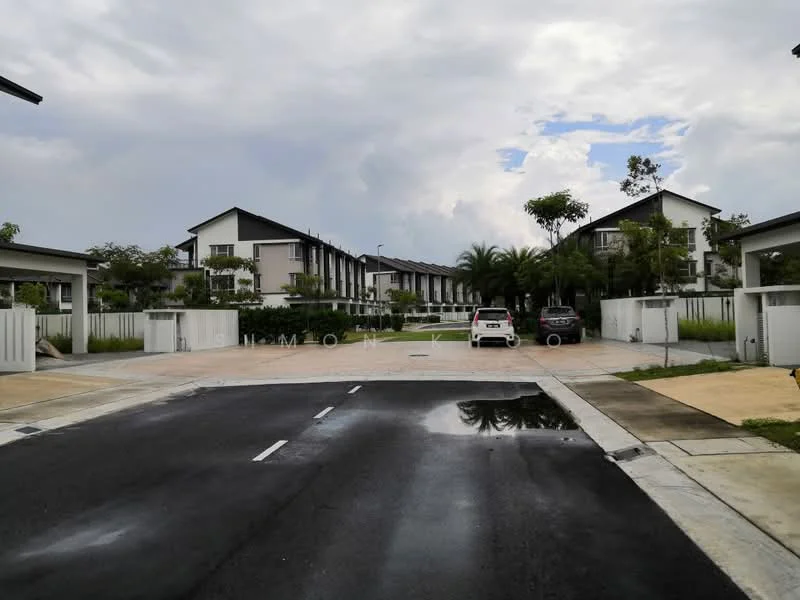 Exterior type: linked terrace house; features: two-storey buildings, concrete facade, manicured landscaping, paved driveway, parking spaces, surrounded by greenery, modern architectural design, gated community entrance; style: modern.