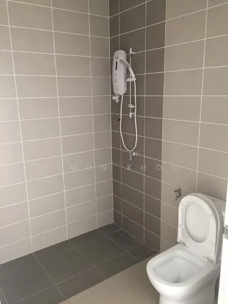 Bathroom features: white toilet, shower with wall-mounted water heater, grey wall tiles, light grey floor tiles, tiled shower area, no visible storage, no visible mirror, no visible lighting fixtures; style: modern.