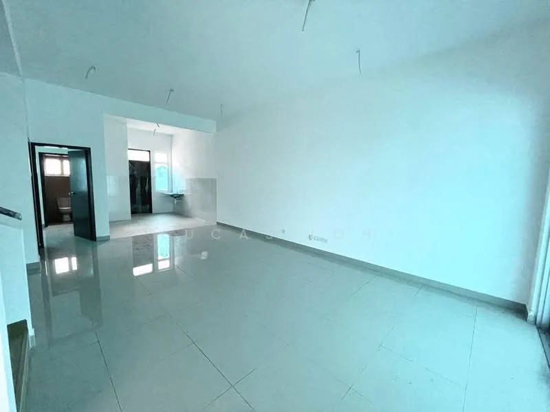 Room features: white painted walls, glossy tile flooring, large windows, natural light, open layout, ceiling lights, no visible furniture, neutral color scheme; style: modern.