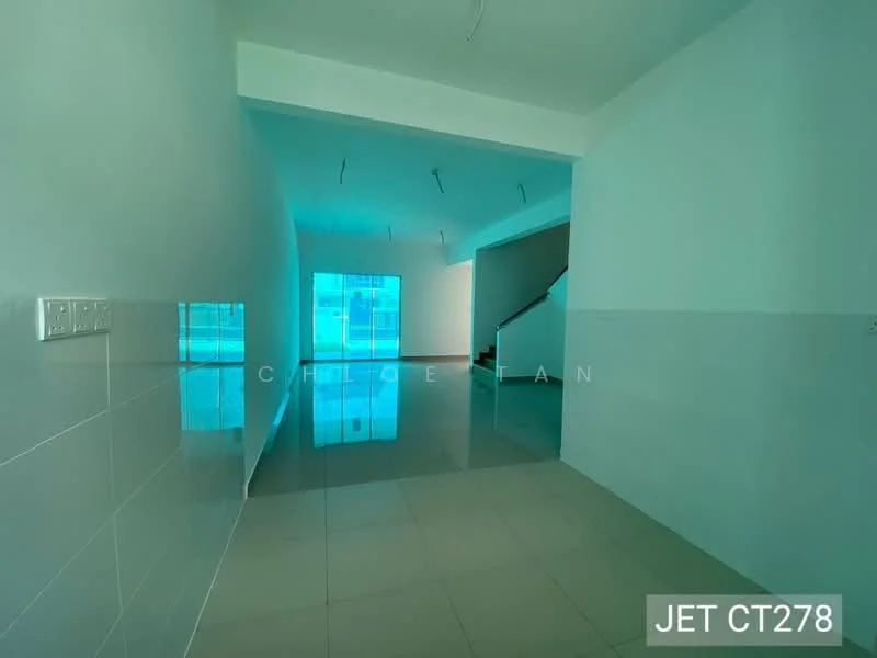 Room features: white painted walls, glossy floor tiles, large windows, open layout, recessed downlights, staircase visible in background, neutral color scheme, smooth ceiling; style: modern.