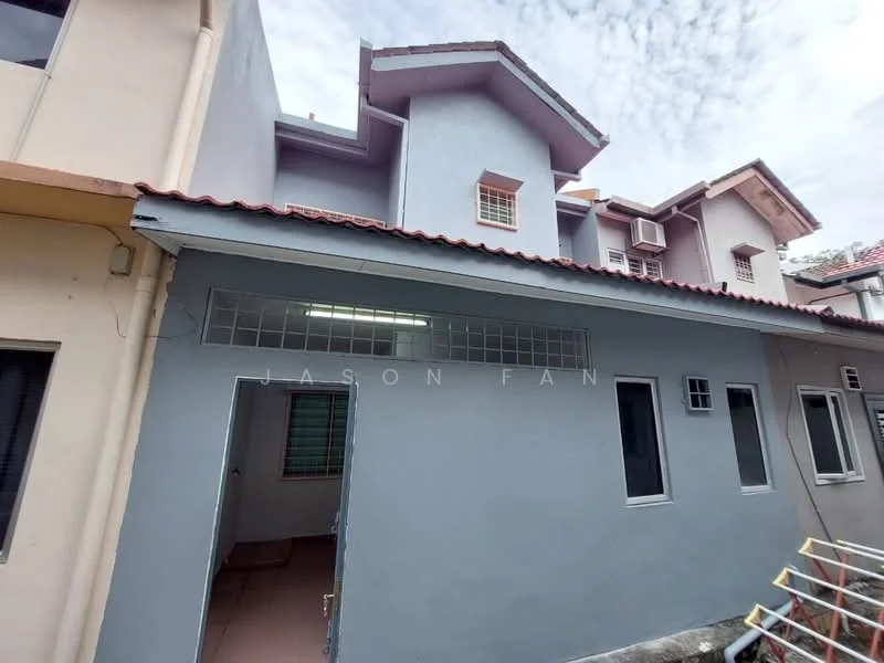 Exterior type: linked terrace house; features: light grey painted facade, red tiled roof, multiple windows, entrance door, side wall with window, exposed brick, gutter along the roof, concrete foundation; style: modern.