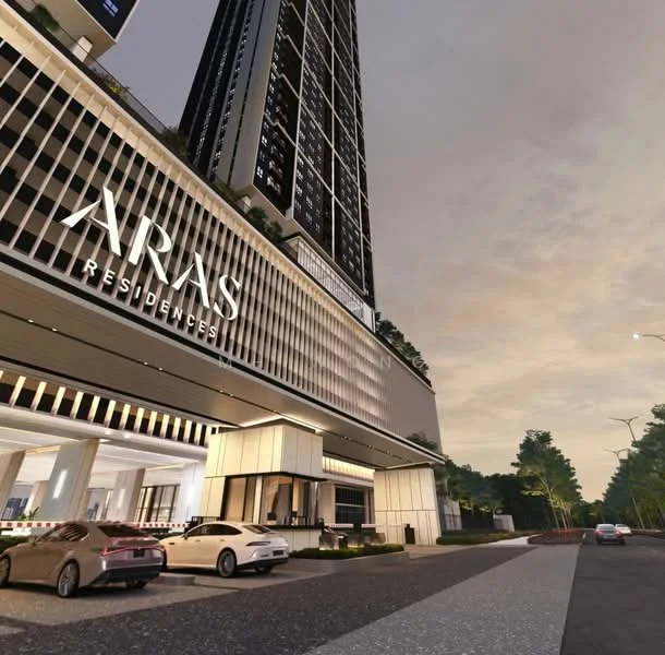 Exterior type: high-rise condominium; features: glass curtain wall, white painted facade, double-volume main lobby, porte cochère drop-off, marble flooring at entrance, surrounded by mature greenery, open-air parking lot; style: modern.