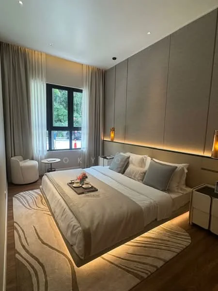Bedroom features: king-size bed with upholstered headboard, white bedding with decorative pillows, bedside tables with lamps, area rug with abstract pattern, wooden flooring, floor-to-ceiling windows, sheer curtains, recessed lighting, wall-mounted sconces, decorative wall paneling, accent lighting behind the bed, small armchair, side table; style: modern; view: garden.