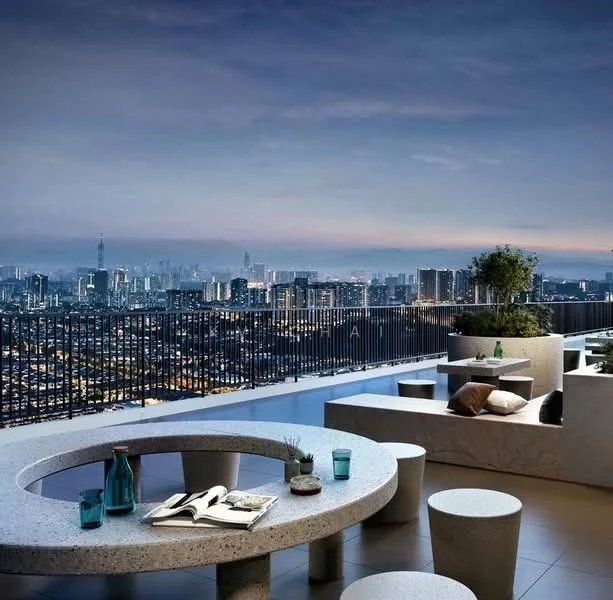Exterior type: high-rise condominium; features: rooftop terrace, concrete circular seating, concrete stools, glass railing, city skyline view, outdoor dining area, decorative plants, ambient lighting, nighttime setting; style: modern.