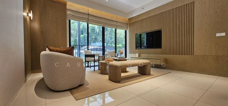 Living features: light grey fabric armchair, round wooden coffee table, rectangular area rug, flat-screen wall-mounted TV, wood panel accent wall, large floor-to-ceiling windows, sheer window treatments, recessed ceiling lights, cream tiled flooring, decorative indoor plants, neutral wall paint; style: modern; view: garden.