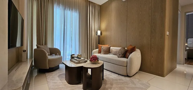 Living features: curved beige sofa with decorative cushions, round coffee table with dark wood finish, area rug with circular pattern, floor-to-ceiling windows with sheer curtains, wall-mounted TV, light wood paneling on walls, recessed lighting, decorative floor lamp, accent chair in light grey fabric; style: modern.