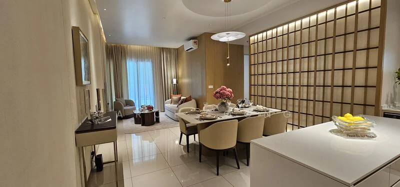 Dining features: rectangular dining table with 8 chairs, white marble tabletop, gold accents on chairs, decorative centerpiece with flowers, wall-mounted lighting, recessed lighting, neutral wall color, large window with sheer curtains, floor-to-ceiling windows, polished tile flooring, open layout to living area; style: modern; view: city. Living features: fabric sofa in white, accent chairs, coffee table, decorative throw pillows, wall-mounted artwork, floor lamp, curtains, air conditioning unit, neutral color palette; style: modern; view: city.