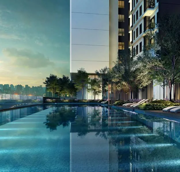 Exterior type: high-rise condominium; features: infinity pool, pool deck with loungers, landscaped garden with trees, glass curtain wall facade, balconies on upper floors, city skyline view in background; style: modern.