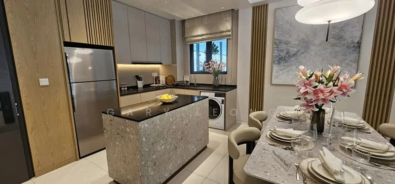Kitchen features: stainless-steel fridge, built-in oven, freestanding washing machine, black granite countertop, grey stone kitchen island, white shaker cabinets, ceramic tile flooring, recessed downlights, pendant light, floor-to-ceiling window, kitchen utensils, decorative vase with flowers, dining table with place settings; style: modern; view: garden.