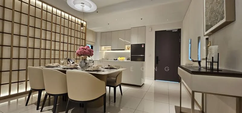 Dining features: 6-seater dining table, upholstered dining chairs in cream, decorative vase with pink flowers, wall-mounted artwork, wooden feature wall with grid pattern, recessed lighting, white cabinetry, built-in countertop with under-cabinet lighting, floor-to-ceiling windows, neutral tile flooring, ceiling light fixture, decorative mirror, minimalist decor; style: modern.