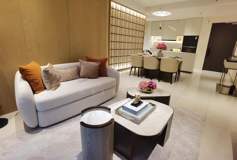 Living features: 3-seater fabric sofa in light grey, decorative cushions in beige and brown, coffee table with marble top, side tables with wooden finish, area rug with neutral tones, wall-mounted lighting fixture, recessed ceiling lights, wood paneling on walls, open-plan layout connecting to dining area, large windows with natural light; style: modern. Dining features: 6-seater dining table, upholstered dining chairs in cream, decorative floral centerpiece, kitchen cabinetry visible in background, modern pendant lighting above table; style: modern.