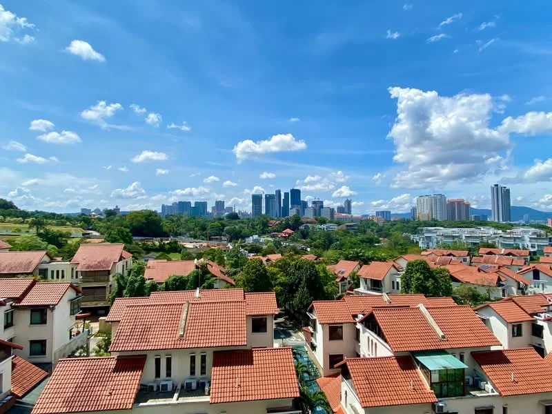 Exterior features: red tiled roofs, surrounding greenery, city skyline in background, blue sky with clouds, various building heights, residential area; style: modern.