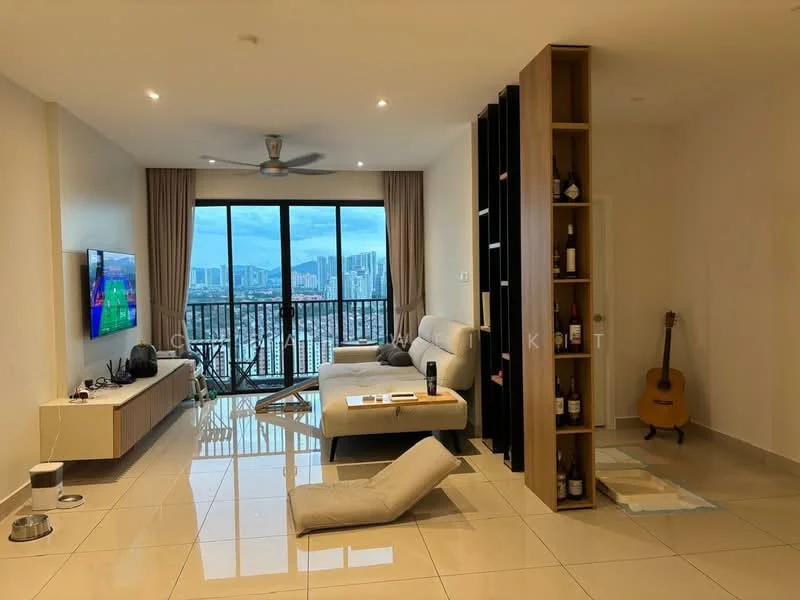 Living features: floor-to-ceiling windows, sliding glass door, 3-seater fabric sofa in light grey, coffee table, wall-mounted TV, TV console, ceiling fan with light, decorative shelving unit, tile flooring, area rug, guitar, bottle storage, decorative wall art; style: modern; view: city.