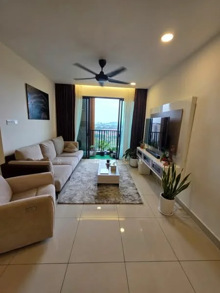 Living features: 3-seater fabric sofa in beige, 2-seater fabric sofa in beige, coffee table, TV console, wall-mounted TV, area rug with geometric pattern, ceiling fan with light, floor-to-ceiling windows, curtains in light green, potted plants, light-colored walls, glossy tile flooring; style: modern; view: city.