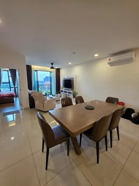 Living features: large floor-to-ceiling windows, grey tiled flooring, 5-blade ceiling fan with light, wall-mounted TV, sofa in light beige, coffee table, dining table with 4 chairs, decorative plants, air conditioning unit, curtains, wall-mounted shelving; style: modern; view: city. Room features: bed with red bedding, window with city view.