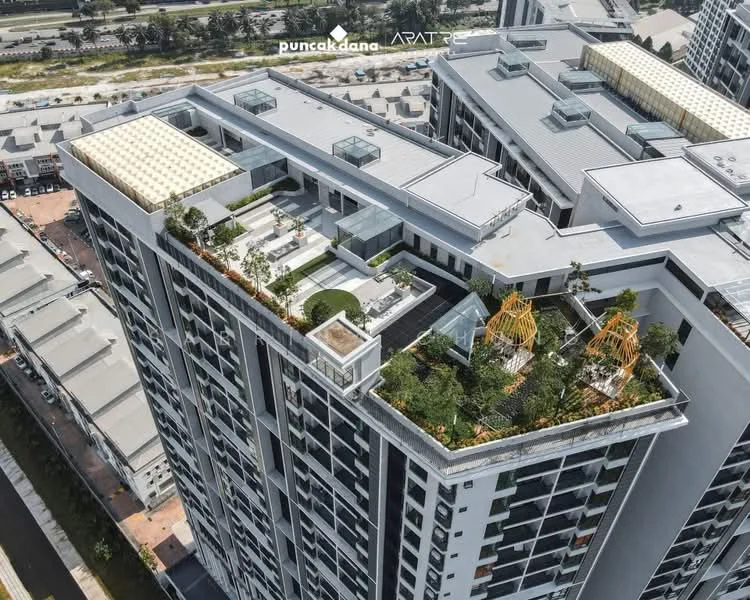 Exterior type: high-rise condominium; features: glass curtain wall, flat roof, rooftop garden, manicured landscaping, outdoor seating areas, recreational spaces, elevated terraces, surrounding urban context; style: modern.