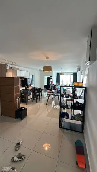 Living features: white painted walls, glossy tile flooring, recessed downlights, ceiling pendant light, floor-to-ceiling windows, black metal shelving unit, wooden dining table, upholstered dining chairs, air conditioning unit, decorative items on shelves, sliding glass door, open layout, various personal items scattered; style: modern; view: city.