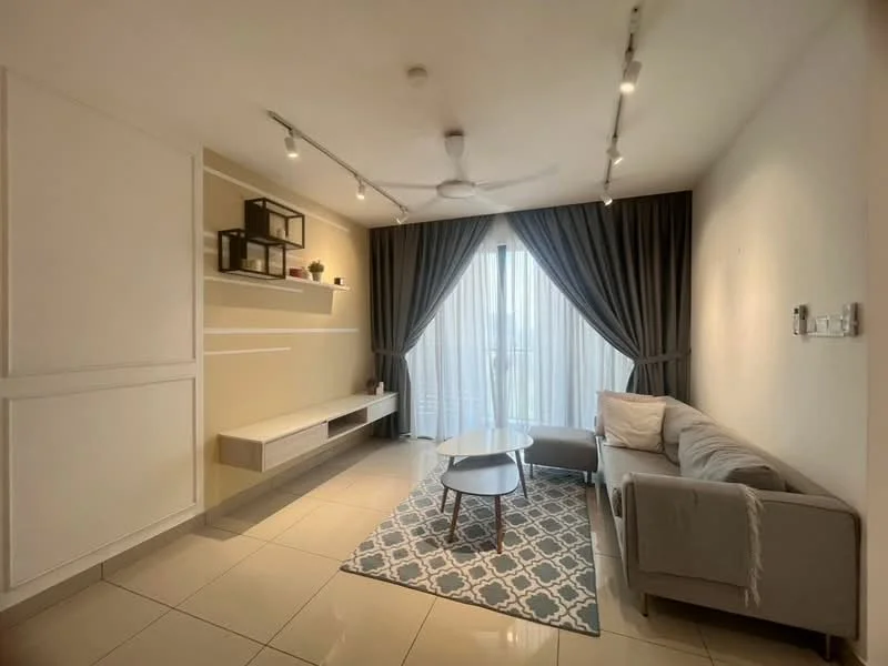 Living features: grey fabric 3-seater sofa, round coffee table, area rug with geometric pattern, floor-to-ceiling windows, sheer curtains, dark grey curtains, wall-mounted shelving unit, recessed LED downlights, ceiling fan with light, cream painted walls, glossy tile flooring; style: modern.