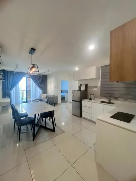 Kitchen features: white cabinetry, stainless-steel fridge, built-in oven, 4-burner gas hob, single-bowl stainless-steel sink, chrome pull-down faucet, quartz countertop, tile backsplash, recessed downlights, pendant light, open shelving, dining table with 4 chairs, floor-to-ceiling windows, sliding glass door; style: modern; view: city. Living features: sofa, coffee table, TV console, area rug, curtains, wall-mounted TV; style: modern; view: city.