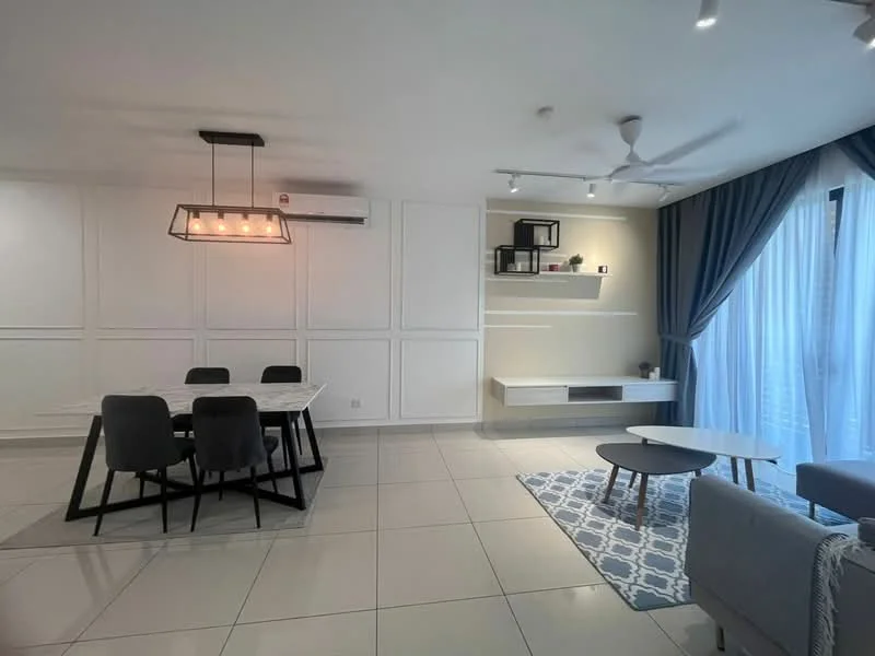 Living features: grey fabric sofa, coffee table, 6-seater dining table, upholstered dining chairs, pendant light fixture, recessed downlights, floor-to-ceiling windows, curtains, wall-mounted TV console, decorative wall paneling, tile flooring, air conditioning unit, area rug with geometric pattern; style: modern; view: city.