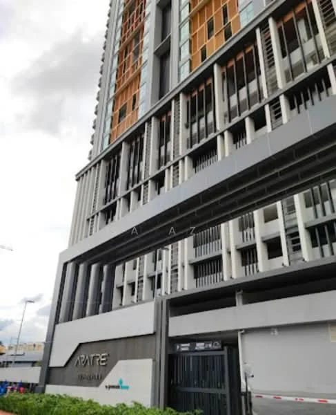 Exterior type: high-rise condominium; features: glass curtain wall, exposed concrete facade, wood paneling, recessed balconies, feature lighting, security gate, landscaped garden, modern architectural design; style: modern.