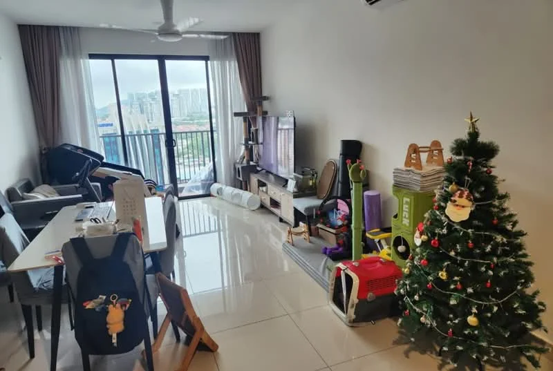 Living features: floor-to-ceiling windows, sliding glass door, white painted walls, glossy tile flooring, ceiling fan, sofa, dining table with chairs, decorative Christmas tree, bookshelf, storage boxes, pet carriers, decorative items, area rug; style: modern; view: city.