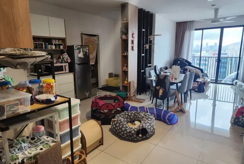 Living features: open-plan layout, floor-to-ceiling windows, sliding glass door, grey tiled flooring, ceiling fan, dining table with chairs, refrigerator, kitchen cabinets, decorative wall tapestry, various pet beds, storage boxes, area rug, sofa, wall-mounted decor; style: modern; view: city.