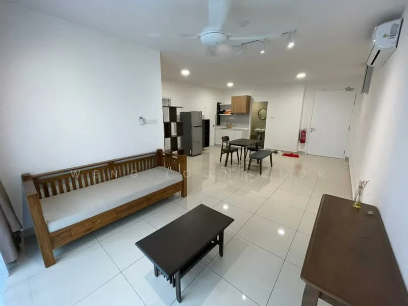 Living features: white painted walls, glossy white tile flooring, 5-blade ceiling fan with light, recessed LED downlights, sofa with wooden frame, wooden coffee table, wooden side table, dining table with chairs, refrigerator, kitchen cabinetry, wall-mounted air conditioning unit; style: modern.