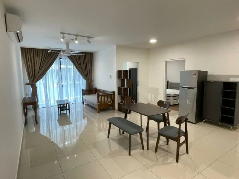 Living features: white painted walls, glossy ceramic tile flooring, 5-blade ceiling fan with light, recessed downlights, floor-to-ceiling windows with sheer curtains, sliding glass door, wooden dining table with 4 chairs, wooden bed frame, black refrigerator, black shelving unit, grey sofa, decorative wall art; style: modern; view: garden.