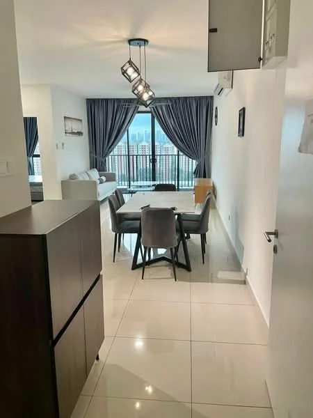 Dining features: dining table with four chairs, pendant light fixture, floor-to-ceiling windows, grey curtains, white walls, glossy tile flooring, air conditioning unit, decorative wall clock; style: modern; view: city. Living features: sofa in light grey fabric, coffee table, TV console, area rug, wall-mounted TV; style: modern; view: city.