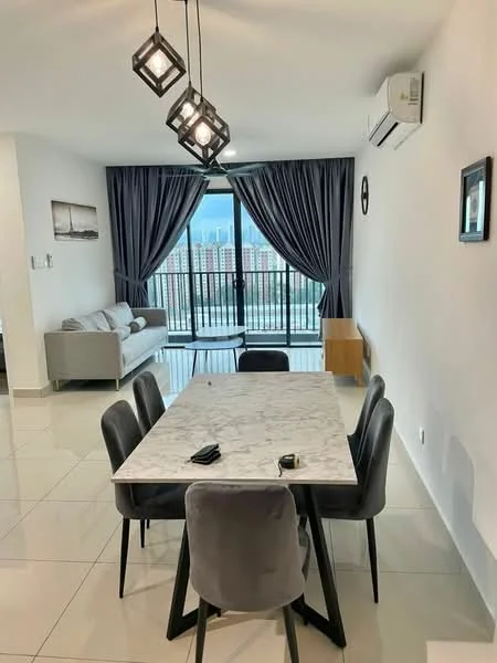 Dining features: marble dining table, 6 upholstered dining chairs in grey, pendant lighting with 3 bulbs, floor-to-ceiling windows, grey curtains, white painted walls, polished tile flooring, wall-mounted air conditioning unit, decorative wall art, wooden sideboard; style: modern; view: city. Living features: fabric sofa in light grey, coffee table, decorative wall art, floor-to-ceiling windows, grey curtains, white painted walls, polished tile flooring, wall-mounted air conditioning unit; style: modern; view: city.