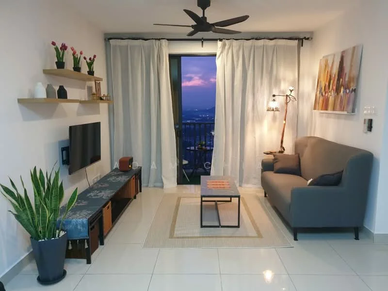 Living features: grey fabric sofa, wooden coffee table, TV console with storage, wall-mounted TV, 5-blade ceiling fan with light, recessed downlights, floor-to-ceiling windows, sheer curtains, decorative wall art, open shelving with plants, area rug, ceramic tile flooring; style: modern; view: city.
