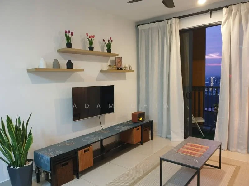 Living features: white painted walls, light-colored flooring, 5-blade ceiling fan, wall-mounted TV, black TV console, decorative shelf with vases, potted plant, curtains, sliding glass door, outdoor view, coffee table, area rug; style: modern; view: city.