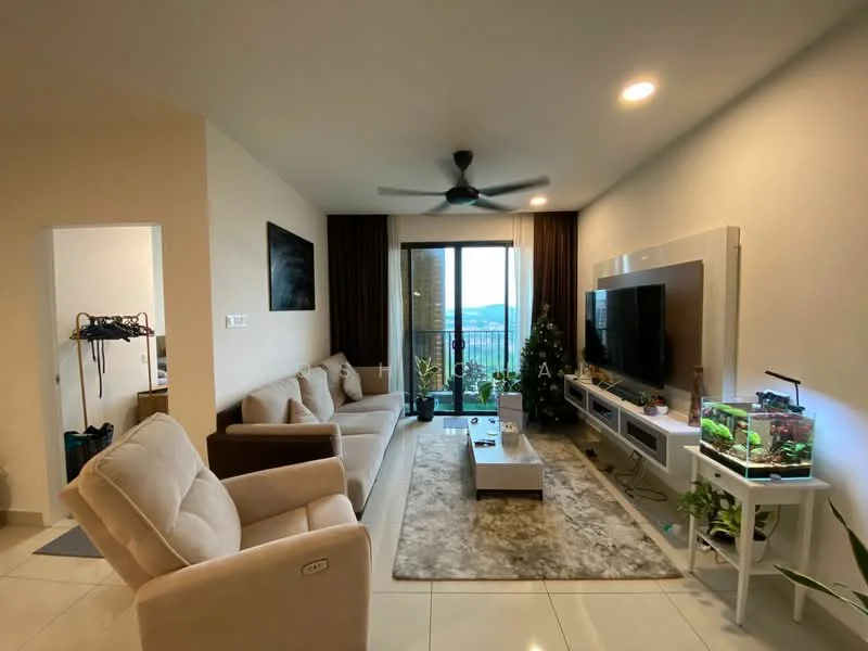 Living features: 3-seater fabric sofa in beige, 2-seater fabric sofa in beige, coffee table, TV console, wall-mounted TV, area rug with geometric pattern, ceiling fan with light, floor-to-ceiling windows, sliding glass door, decorative plants, wall art, curtains, light-colored walls, tile flooring; style: modern; view: city. Room features: door leading to hallway, clothes rack.