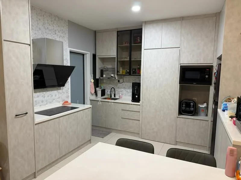Kitchen features: light grey cabinetry, white countertop, black built-in oven, black glass cooktop, black range hood, microwave, kettle, coffee machine, refrigerator, open shelving, tile backsplash with floral pattern, under-cabinet lighting, floor tiles, single-bowl stainless-steel sink, chrome pull-down faucet; style: modern.