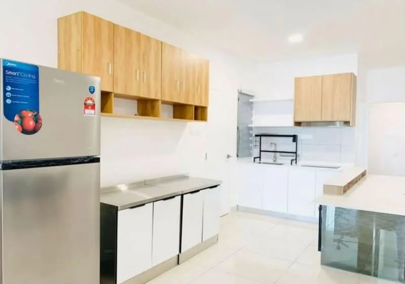 Kitchen features: stainless-steel fridge, white cabinetry with flat-panel doors, wooden upper cabinets, grey countertop, double-bowl stainless-steel sink, chrome pull-down faucet, ceramic tile flooring, white tiled backsplash, built-in oven, open shelving, recessed downlights; style: modern.