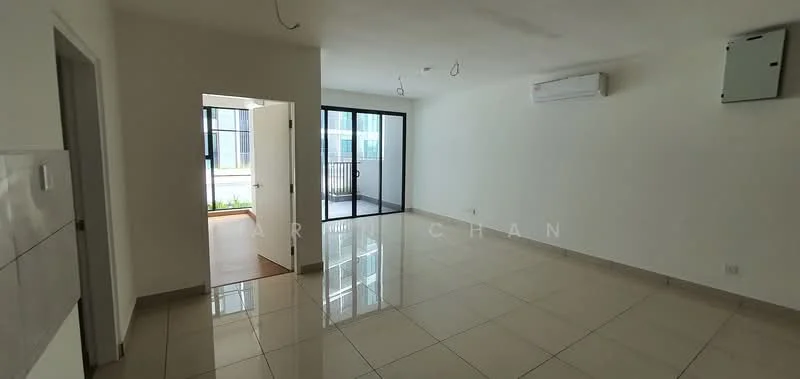Room features: white painted walls, glossy tile flooring, 1 wall-mounted split AC, floor-to-ceiling sliding glass door, balcony access, recessed downlights, doorway leading to another room, natural light from windows; style: modern.