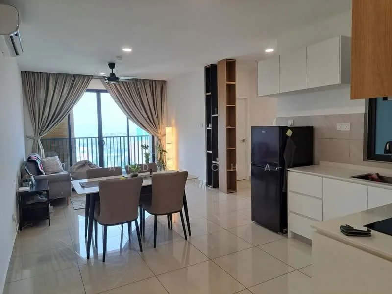 Living features: floor-to-ceiling windows, sliding glass door, beige fabric sofa, 4-seater dining table, upholstered dining chairs, recessed downlights, ceiling fan, light wood cabinetry, white quartz countertop, black refrigerator, marble tile flooring, curtains, decorative lamp, open shelving, wall-mounted TV; style: modern; view: city.