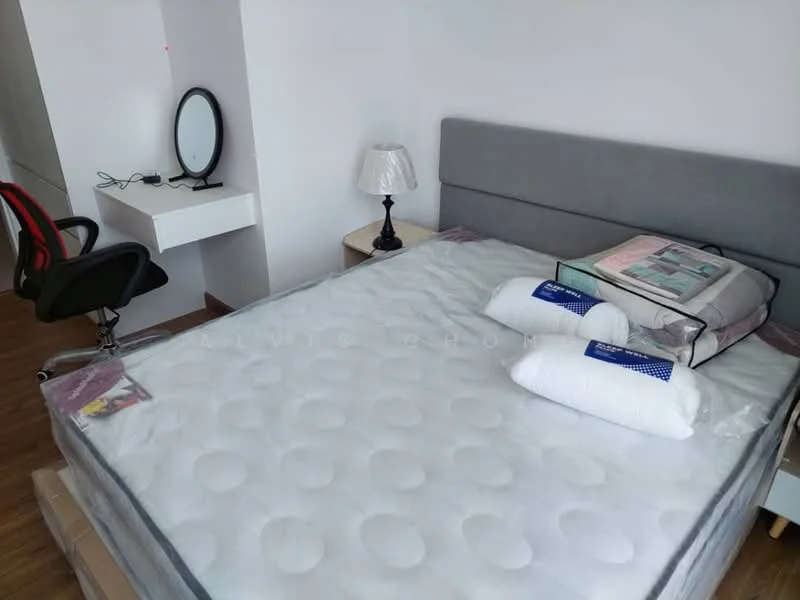 Bedroom features: queen-size bed, upholstered headboard in grey, white bedding with protective cover, 2 white pillows, nightstand with lamp, table lamp with fabric shade, desk with drawer, office chair with wheels, wooden flooring, wall-mounted mirror; style: modern.