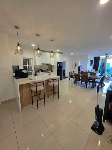 Kitchen features: white cabinetry, marble countertop, stainless-steel sink, chrome pull-down faucet, 3 pendant lights, bar seating with 3 stools, built-in oven, microwave, refrigerator, ceramic tile flooring, open layout to dining area; style: modern; view: city. Dining features: 6-seater dining table, upholstered dining chairs, decorative plant, ceramic tile flooring; style: modern; view: city.