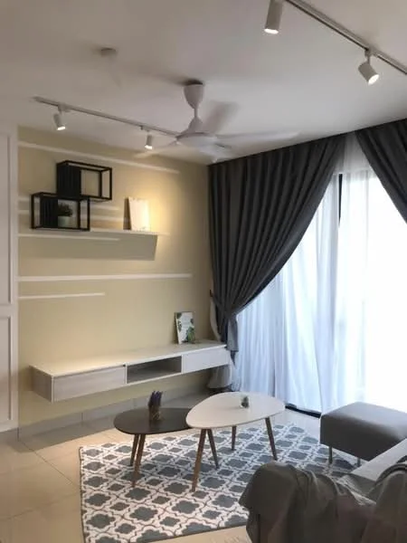 Living features: grey fabric sofa, white coffee table, black side table, area rug with geometric pattern, wall-mounted shelf with decorative items, floor-to-ceiling windows with sheer curtains, grey curtains, recessed LED downlights, ceiling fan, cream painted walls, tile flooring; style: modern.