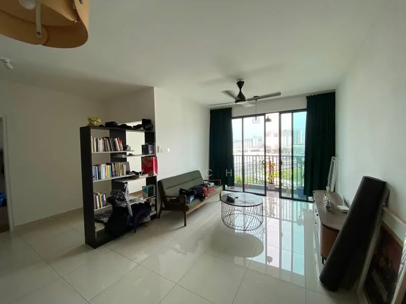 Living features: white painted walls, glossy ceramic tile flooring, 5-blade ceiling fan, floor-to-ceiling sliding glass door, green curtains, bookshelf with books, sofa, coffee table, TV console, decorative wall art; style: modern; view: city.