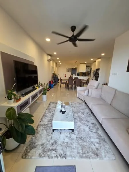 Living features: 3-seater fabric sofa in light beige, coffee table with white surface, area rug with geometric pattern, wall-mounted TV, TV console with storage, ceiling fan with light, potted houseplants, recessed downlights, open layout to dining area, large windows for natural light, cream painted walls, tile flooring; style: modern.