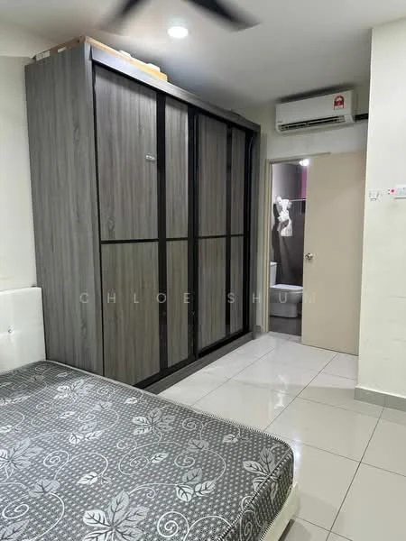 Bedroom features: queen-size bed, upholstered headboard, built-in wardrobe with sliding doors, white walls, grey tiled flooring, ceiling fan, air conditioning unit, door leading to bathroom; style: modern.
