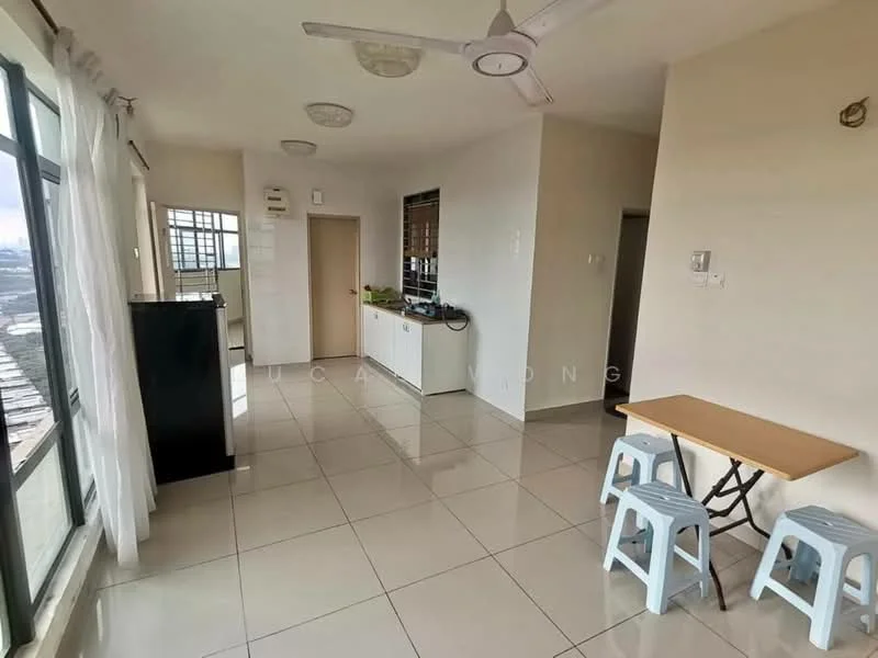 Living features: white painted walls, glossy ceramic tile flooring, 5-blade ceiling fan with light, large windows with sheer curtains, dining table with folding design, two plastic stools, built-in cabinetry, neutral color scheme; style: modern; view: city.