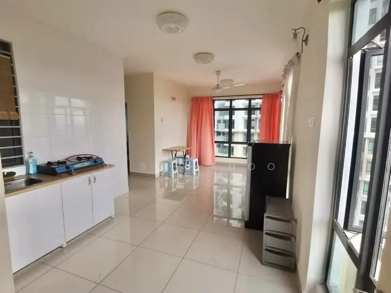 Living features: white painted walls, glossy tile flooring, 5-blade ceiling fan, large windows with sheer curtains, orange curtains, kitchenette with white cabinetry, stainless-steel gas hob, black refrigerator, small dining table, black storage cabinet; style: modern.