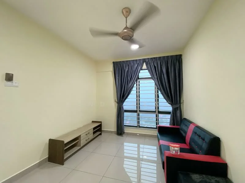 Living features: light grey painted walls, white ceiling, glossy ceramic tile flooring, 3-blade ceiling fan with light, floor-to-ceiling windows, dark blue curtains, black and red fabric sofa, wooden TV console, decorative item on coffee table; style: modern; view: city.