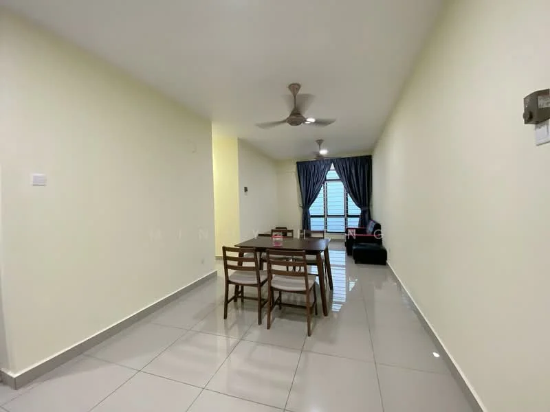 Dining features: dining table with four chairs, grey tiled flooring, white painted walls, ceiling fan with light, curtains on window, sofa in black fabric, floor-to-ceiling window, natural light from window; style: modern.