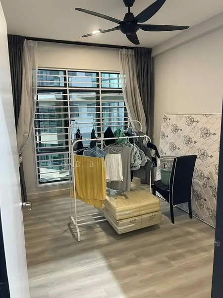 Room features: light wood flooring, white walls, sliding window with horizontal slats, ceiling fan, folding clothes rack, black dining chair, mattress leaning against the wall, curtains, decorative wall art; style: modern.